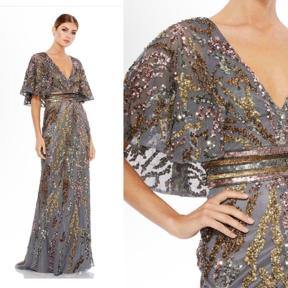 NWT Mac Duggal Charcoal Embellished Flutter Sequin Gown Dress Sz 8 $695 #5439